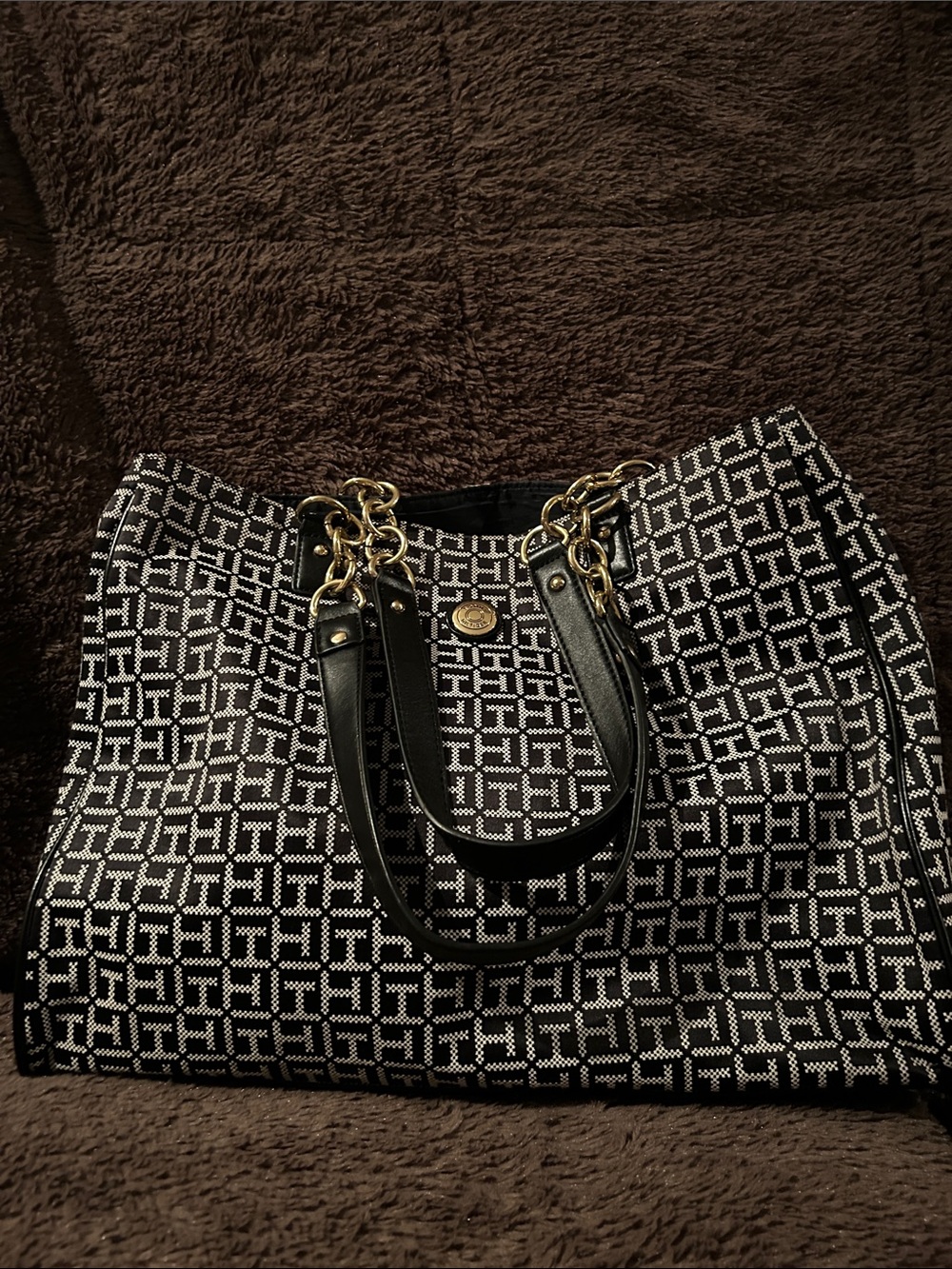 Tommy Hilfiger Black and White Logo Jacquard Tote with Gold Hardware